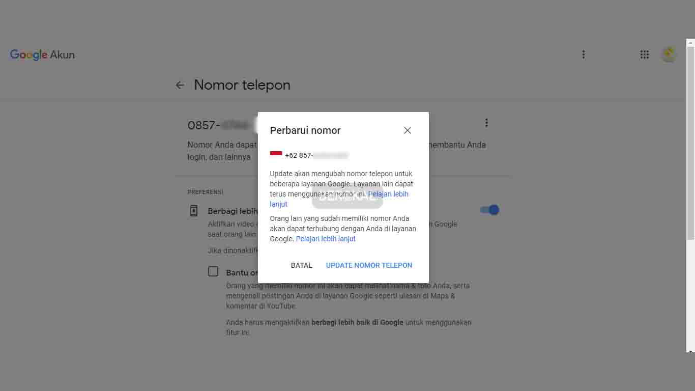 update nomor hp google