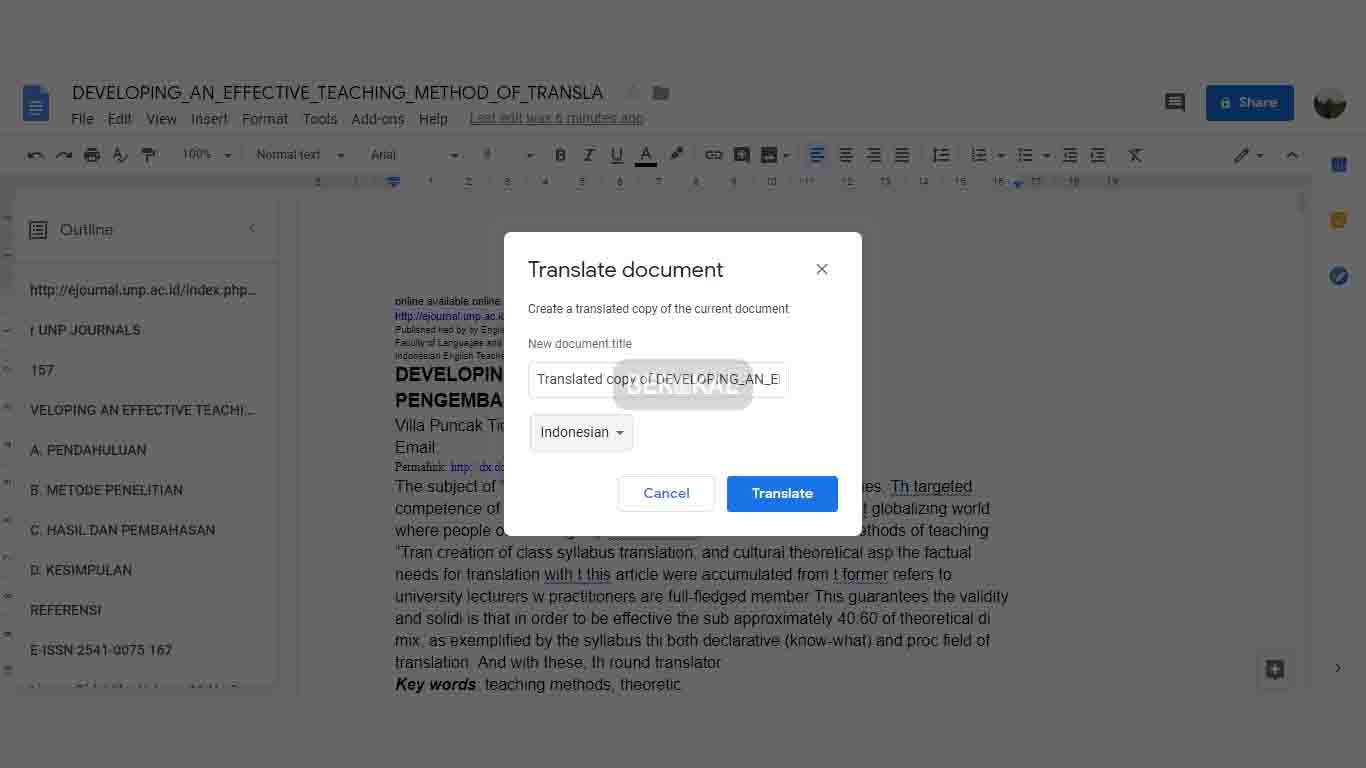 menu terjemahan di google docs