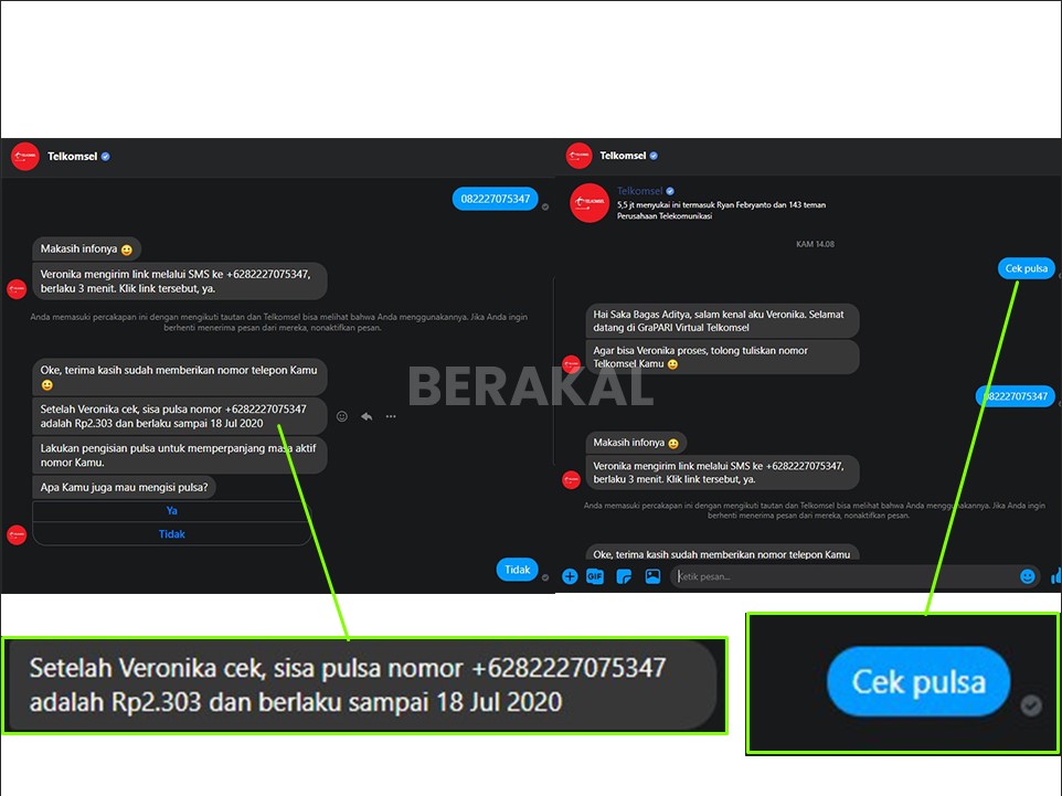 cara cek pulsa telkomsel melalui messenger