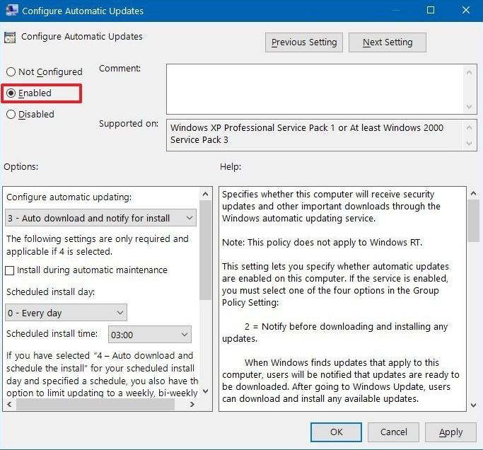 pilih enable pada configure automatic update