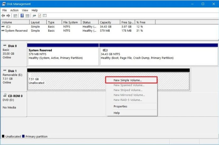 Unallocated menu disk magement