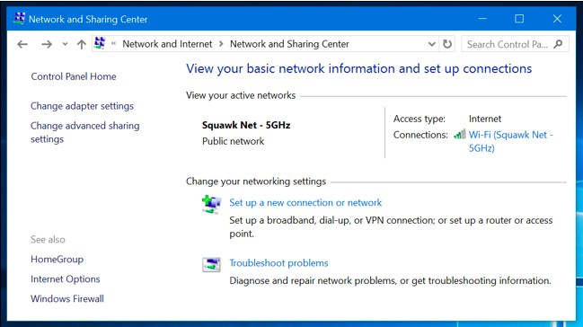 Network and Sharing center WiFi