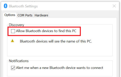 allow bluetooth devices to find this pc