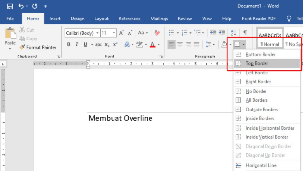 cara membuat garis overline di Word