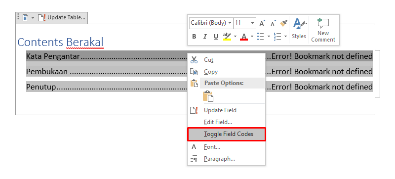 error bookmark not defined daftar isi