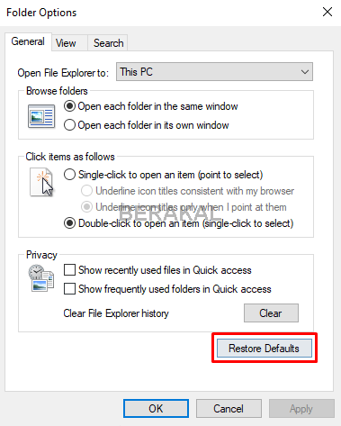 restore default folder settings