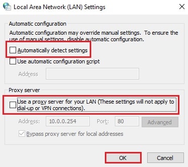 Hapus centang pada opsi Use a proxy server for your LAN.