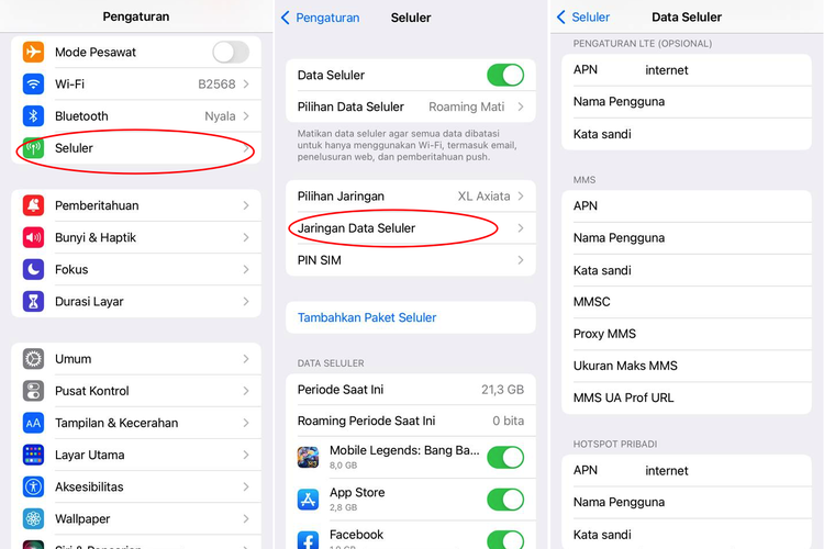 Gulir ke bawah hingga terdapat menu Hotspot Pribadi. Isi bagian APN, Username (Nama Pengguna), dan Password (Kata Sandi) sesuai dengan operator yang kamu gunakan. Daftar APN untuk Indonesia di antaranya-