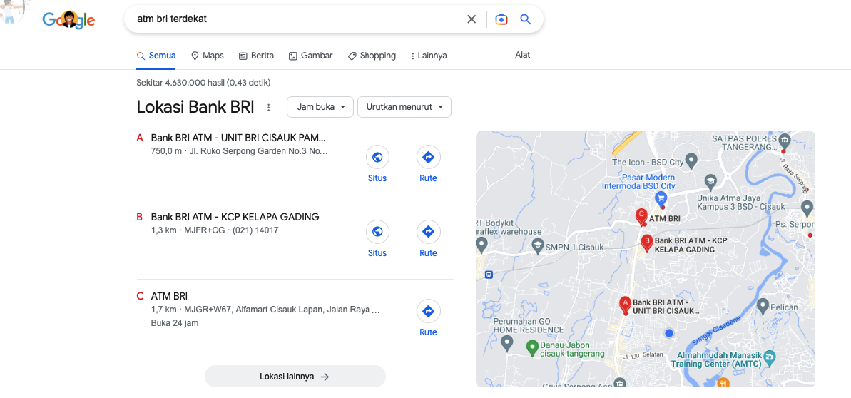 Mencari Kantor atau ATM BRI Terdekat via Pencarian Google