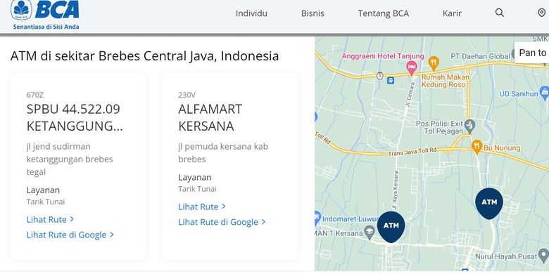 Selanjutnya, klik salah satu nama Bank untuk melihat informasi alamat secara detail